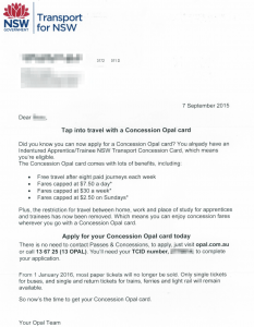 Transport for NSW Letter to Apprentices and Trainees about Concession Opal card